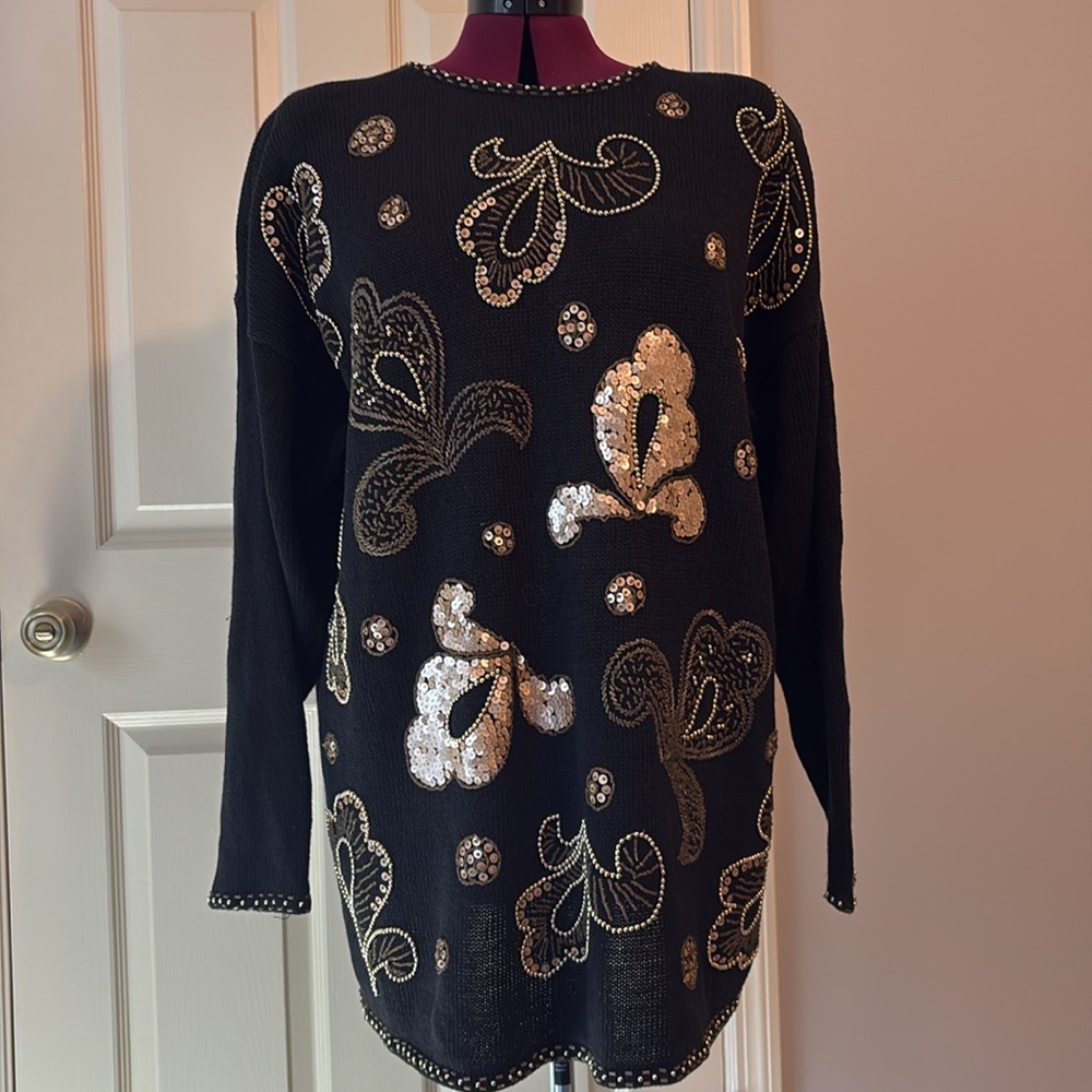 Vintage 90s Paisley Black Gold Beaded & Sequin Sweater AK America size 14